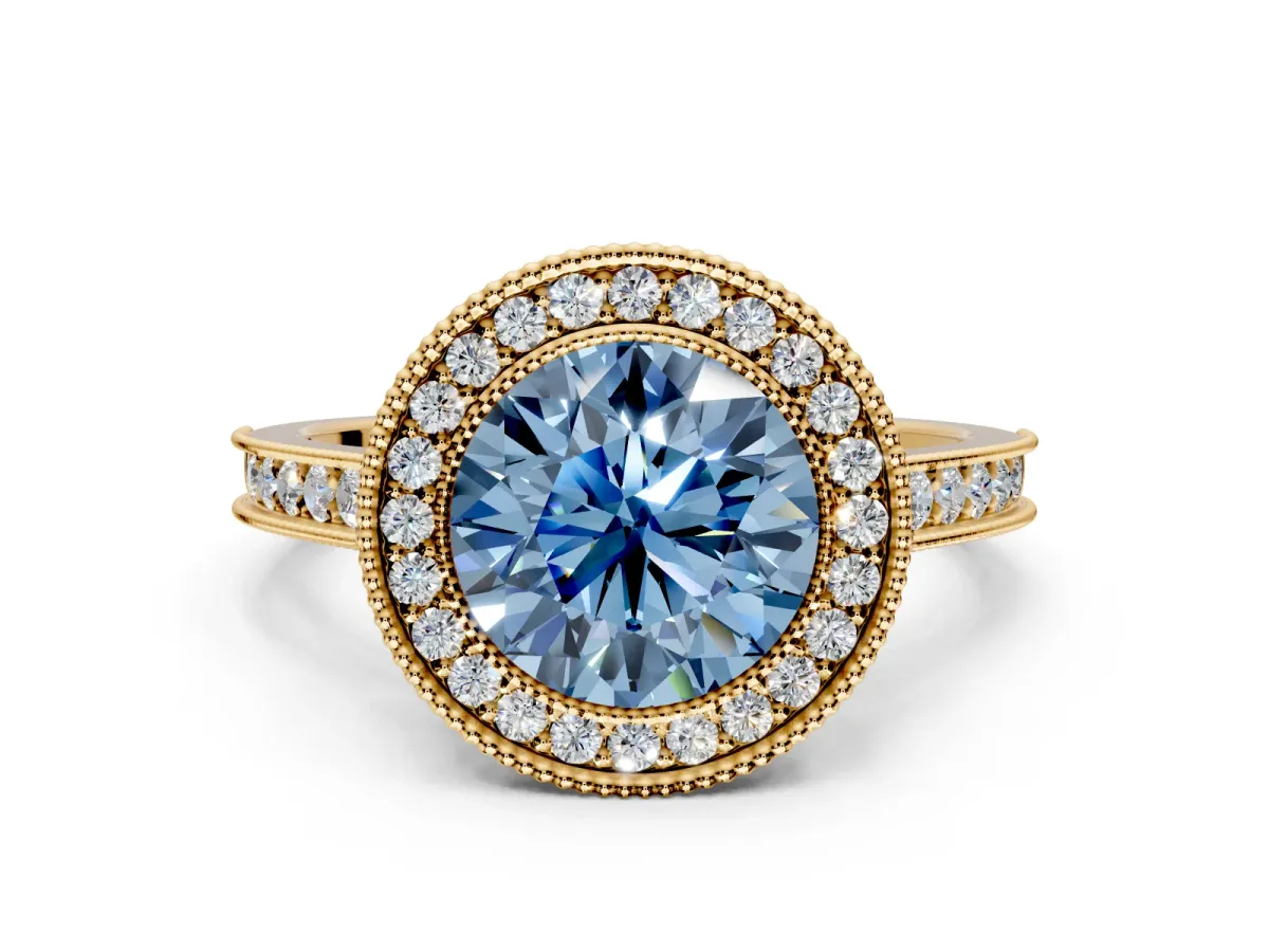 Halo Engagement Ring Setting for Fancy Blue Round Cut Center with Milgrain Pave Band and Bezel Head in Yellow Gold