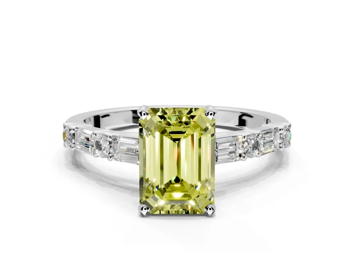 Baguette Engagement Ring Setting for Fancy Yellow Emerald Cut Center with Alternating Bar-Set Band and Prong Head in Sterling Silver
