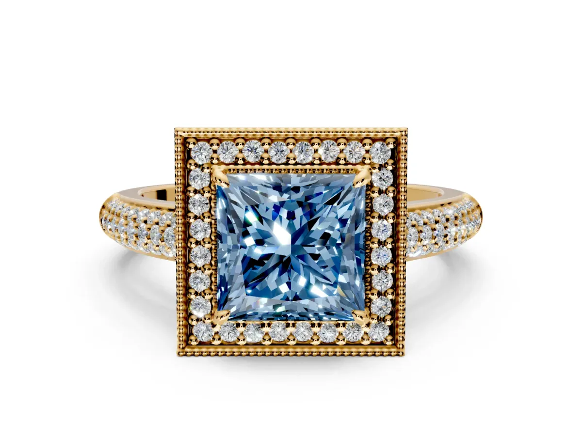 Milgrain Halo Engagement Ring Setting for Fancy Blue Princess Cut Center with Three-Sided Pave Band and Prong Head in Yellow Gold