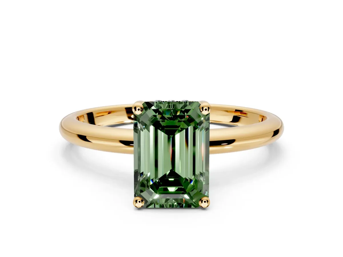 Hidden Halo Engagement Ring Setting for Fancy Green Emerald Cut Center with Thin Round-Wire Band and Prong Head in Yellow Gold