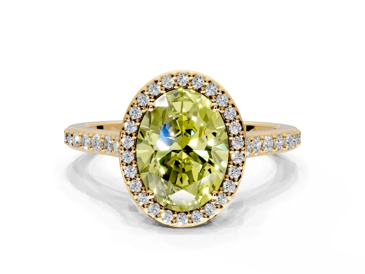 Halo Engagement Ring Setting for Fancy Yellow Oval Center with Pave Accents, Heart Basket and Prong Head in Yellow Gold