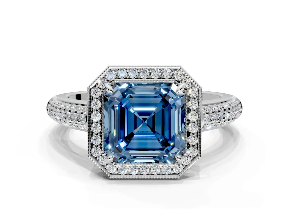 Milgrain Halo Engagement Ring Setting for Fancy Blue Asscher Cut Center with Three-Sided Pave Band and Prong Head in Platinum