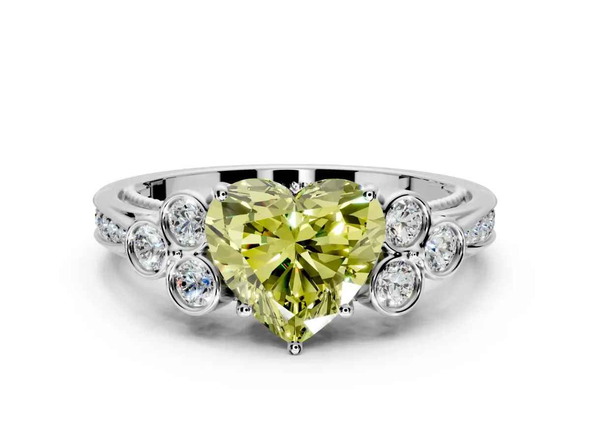 Cluster Engagement Ring Setting for Fancy Yellow Heart-Shaped Center with Bezel Accent Clusters and Prong Head in Platinum