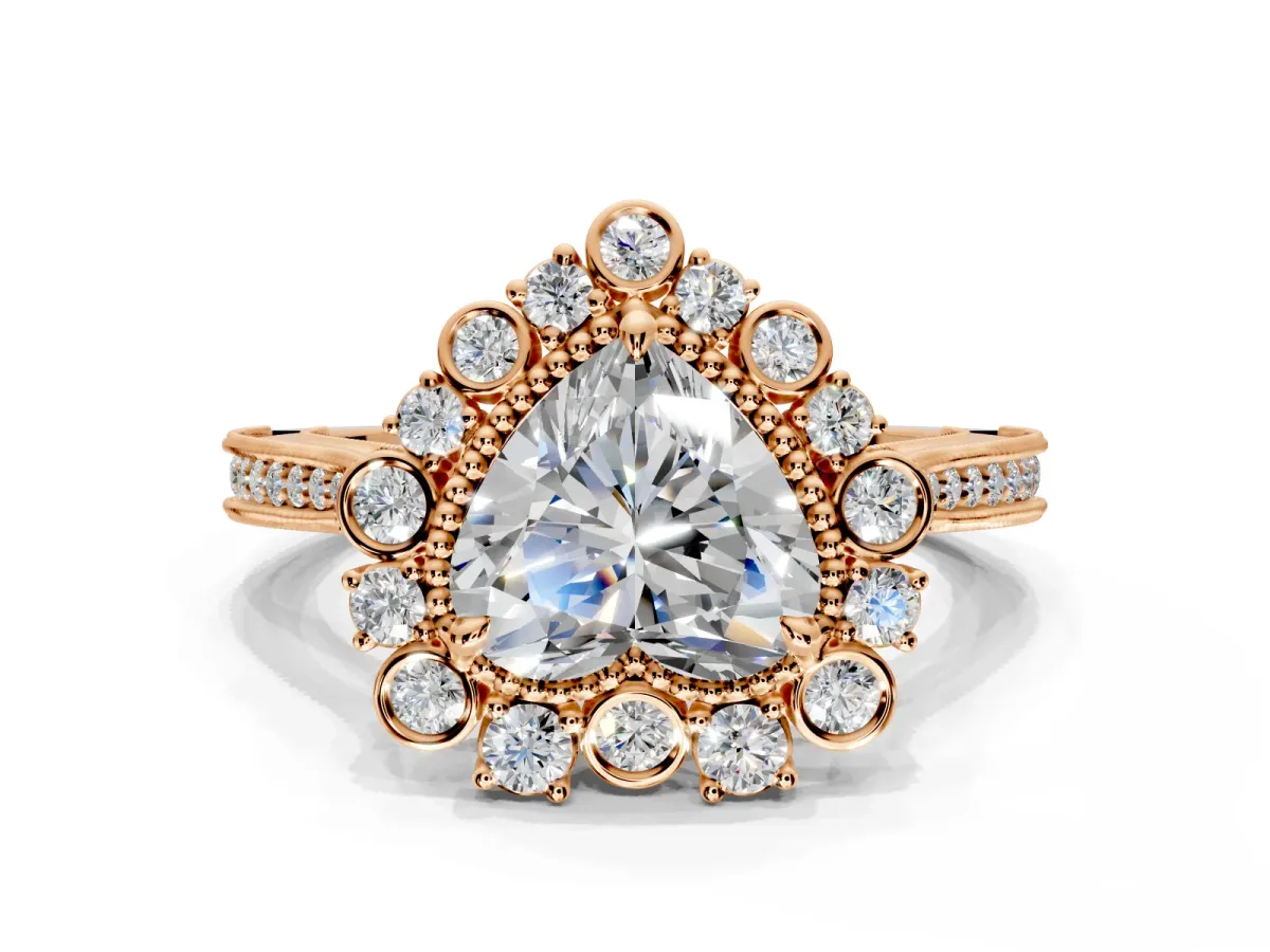 Milgrain Halo Engagement Ring Setting for Heart-Shaped Center with Bezel Point Accents and Prong Head in Rose Gold