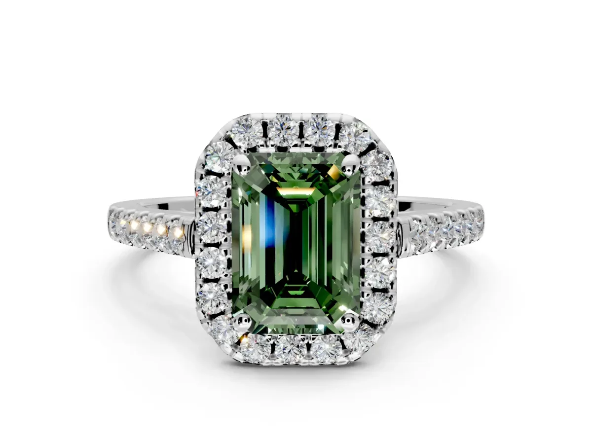 Halo Engagement Ring Setting for Fancy Green Emerald Cut Center with Raised Halo, Pave Band and Prong Head in Platinum