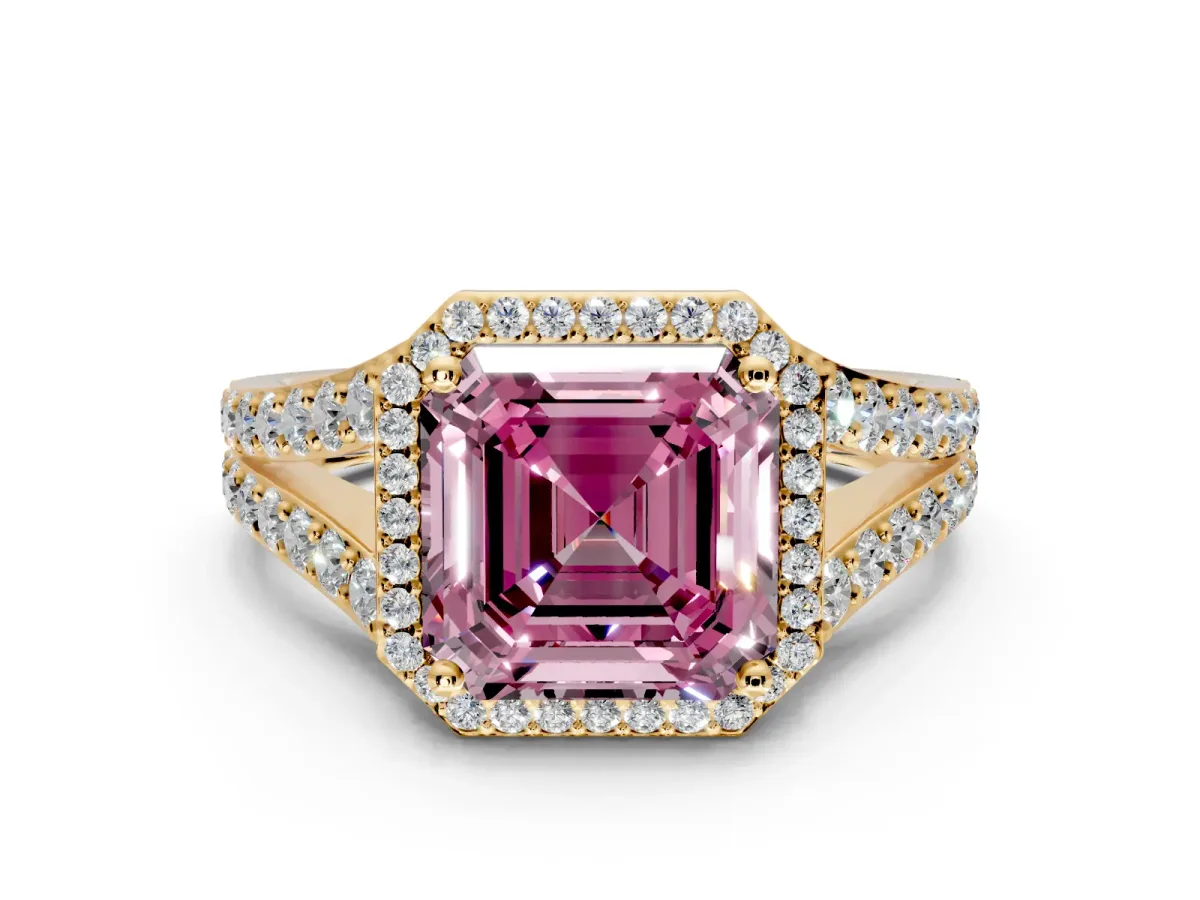 Halo Engagement Ring Setting for Fancy Pink Asscher Cut Center with Narrow Pave Split Shank and Prong Head in Yellow Gold