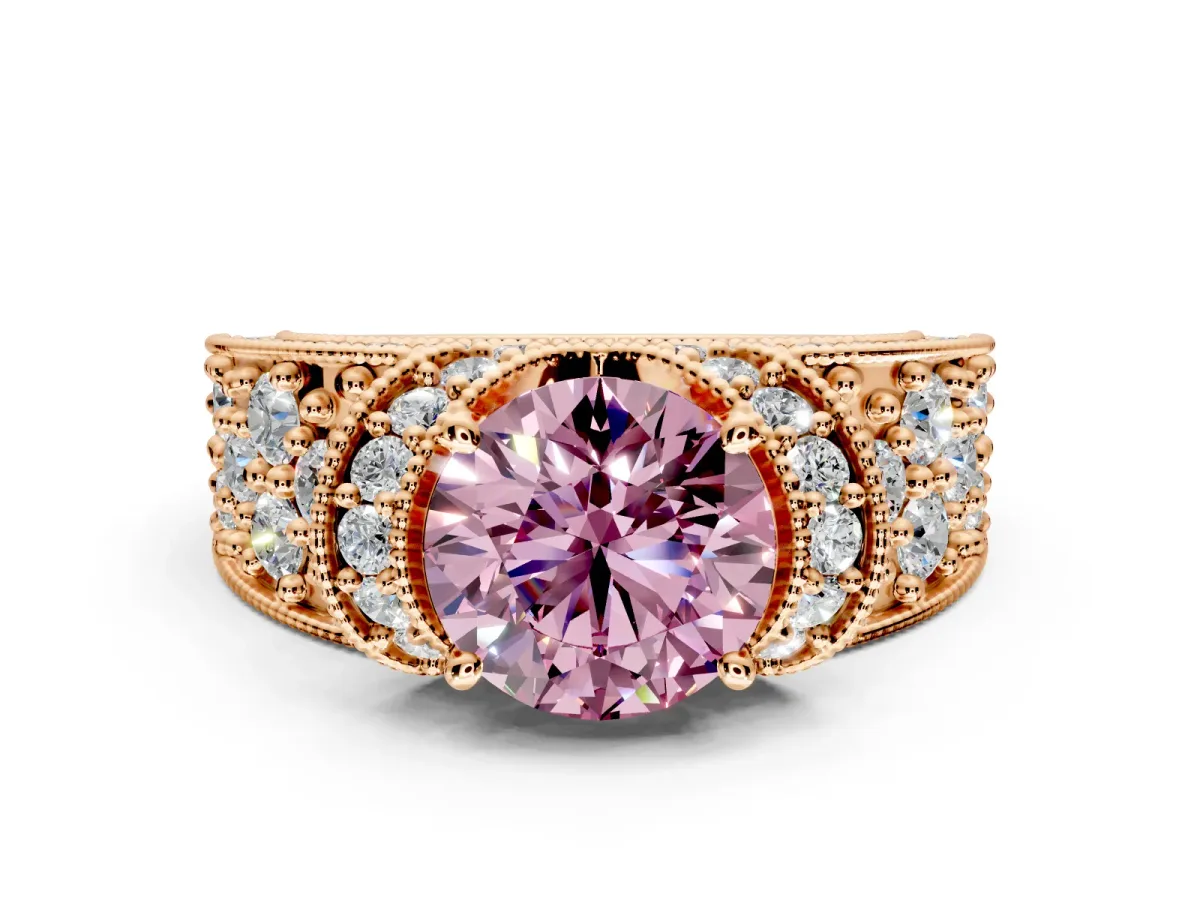 Pave Engagement Ring Setting for Fancy Pink Round Cut Center with Curved Accent Rows, Openwork and Prong Head in Rose Gold