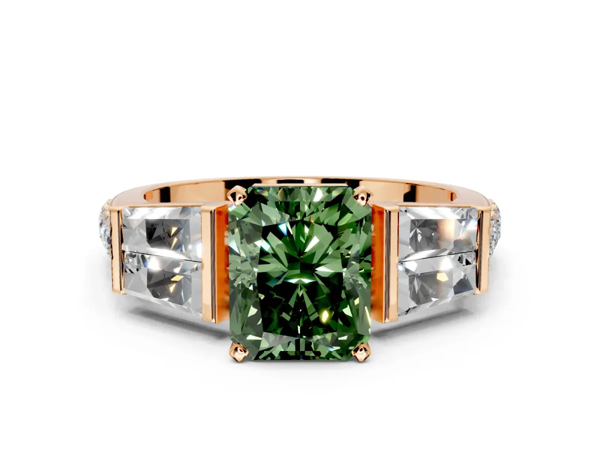 Channel-Set Engagement Ring Setting for Fancy Green Radiant Cut Center with Baguette Band and Prong Head in Rose Gold