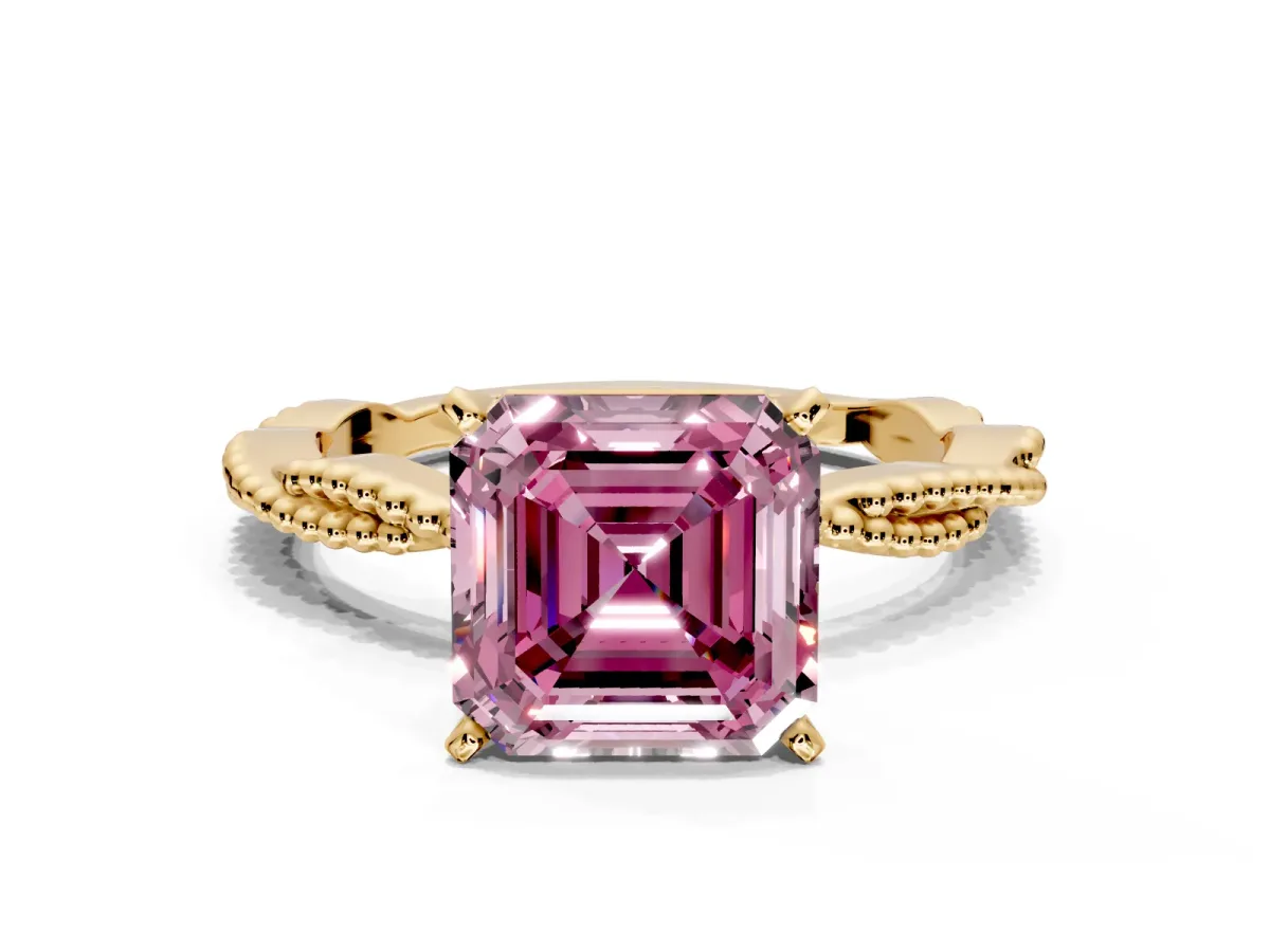 Solitaire Engagement Ring Setting for Fancy Pink Asscher Cut Center with Twist Band and Bead Prong Head in Yellow Gold