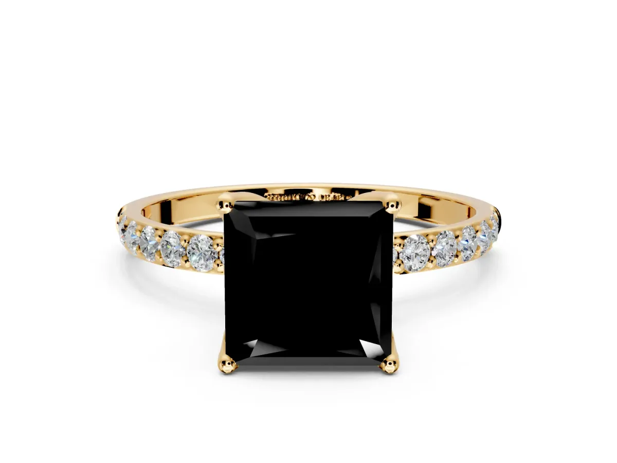 Solitaire Engagement Ring Setting for Fancy Black Princess Cut Center with Fine Pave Accents and Prong Head in Yellow Gold