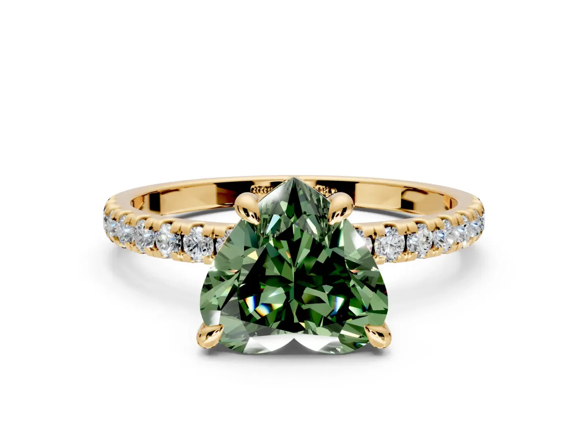 Solitaire Engagement Ring Setting for Fancy Green Heart-Shaped Center with Fine Pave Narrow Band and Prong Head in Yellow Gold