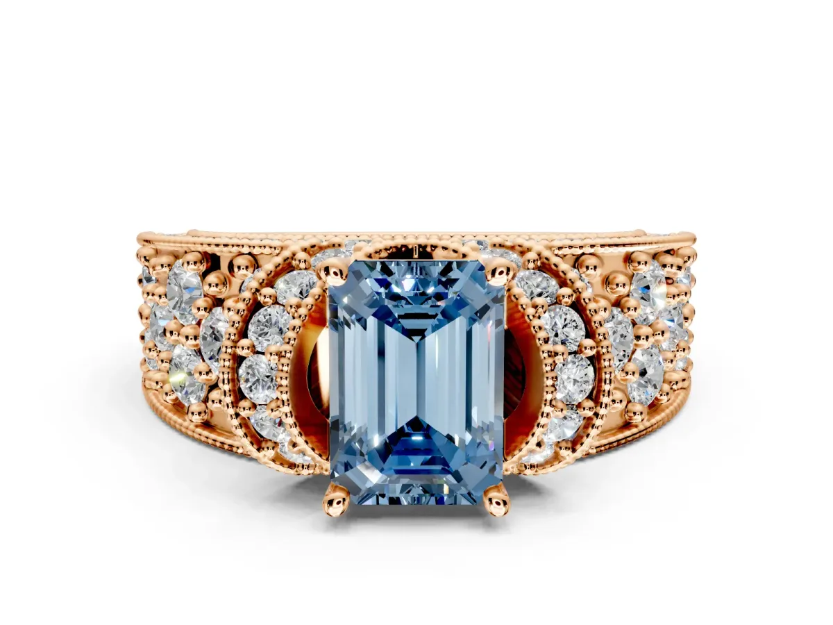 Pave Engagement Ring Setting for Fancy Blue Emerald Cut Center with Curved Accent Rows, Openwork and Prong Head in Rose Gold