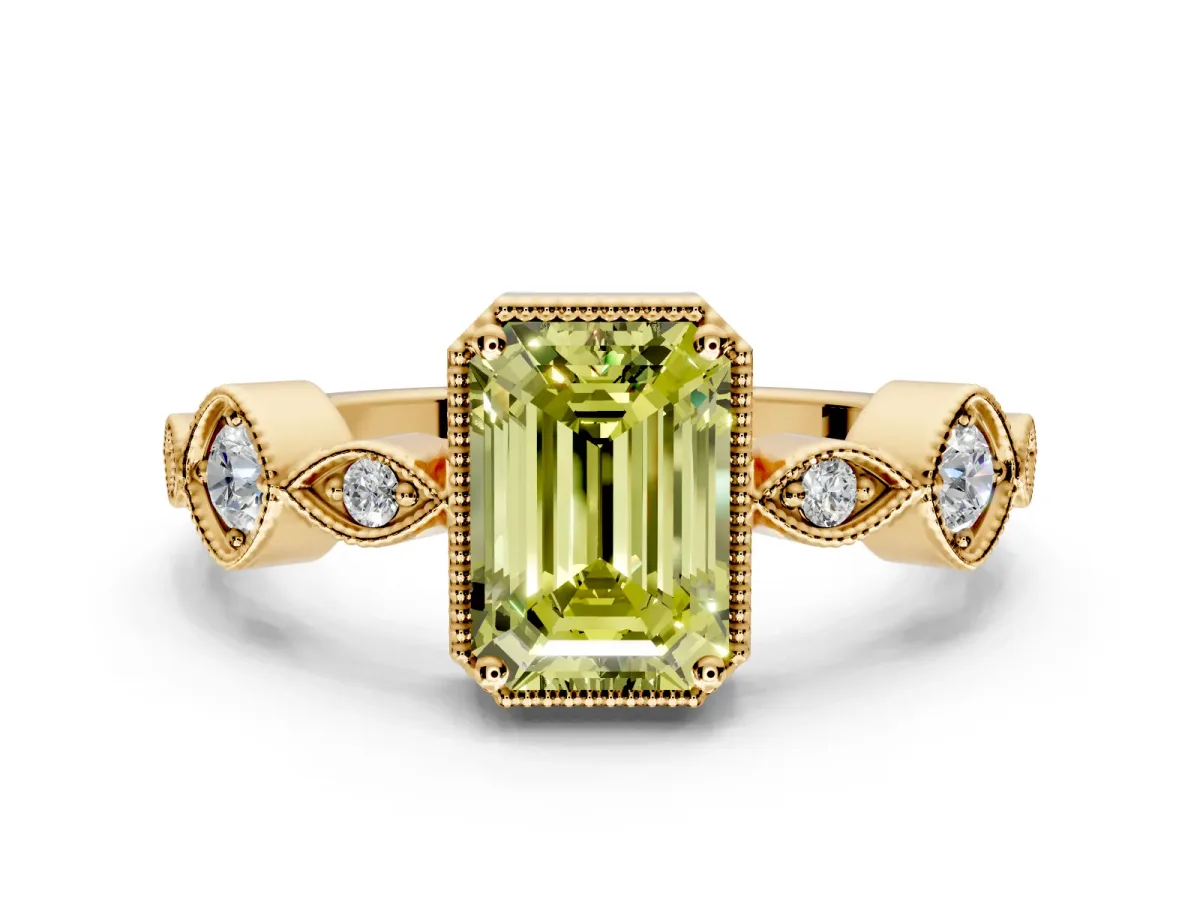 Vintage Station Engagement Ring Setting for Fancy Yellow Emerald Cut Center with Accents and Prong Head in Yellow Gold