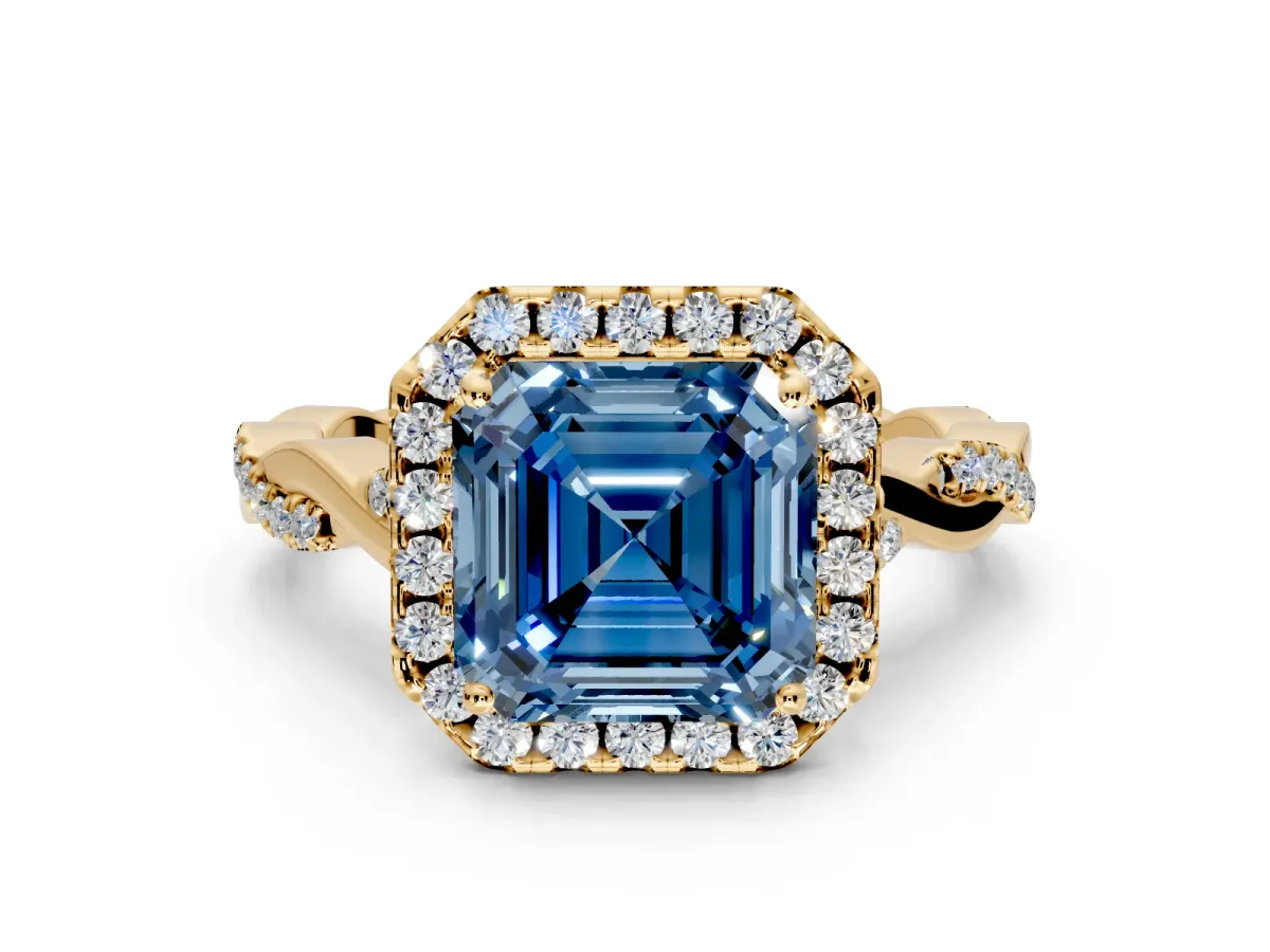 Halo Engagement Ring Setting for Fancy Blue Asscher Cut Center with Twist Band and Prong Head in Yellow Gold