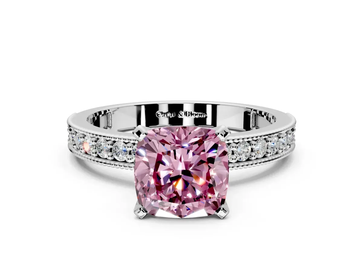 Milgrain Pave Engagement Ring Setting for Fancy Pink Cushion Cut Center with Accent Band and Prong Head in Platinum