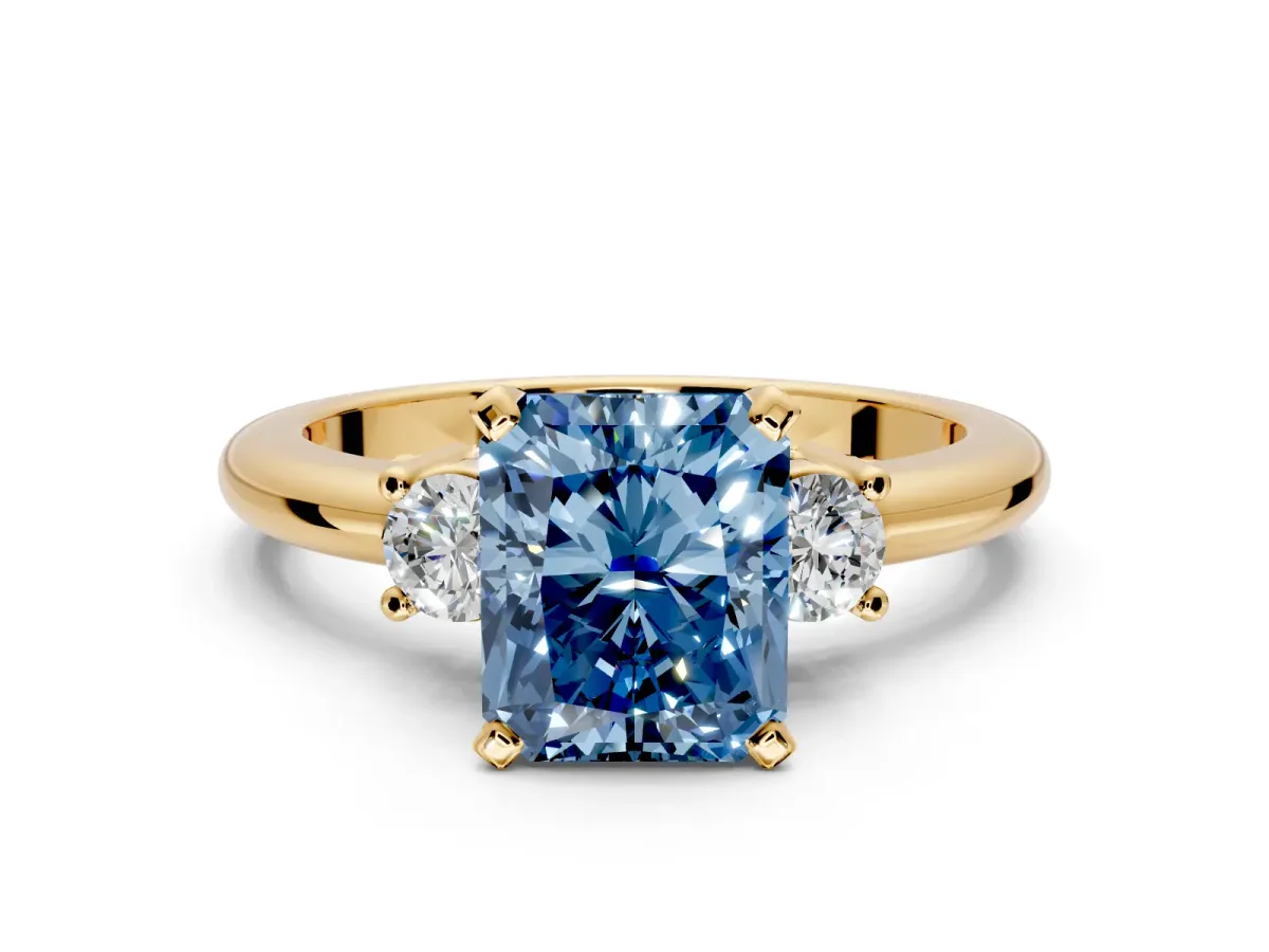 3 Stone Engagement Ring Setting for Fancy Blue Radiant Cut Center with Wide Plain Band and Prong Head in Yellow Gold