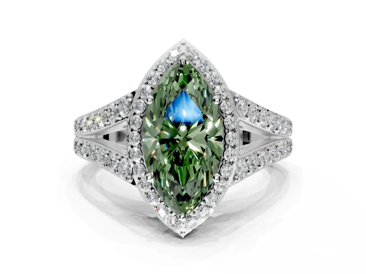 Halo Engagement Ring Setting for Fancy Green Marquise Center with Narrow Pave Split Shank and Prong Head in Sterling Silver