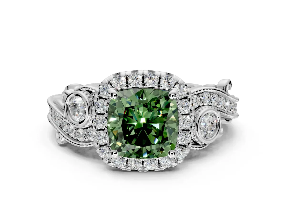 Milgrain Halo Engagement Ring Setting for Fancy Green Cushion Cut Center with Shoulder Bezels and Prong Head in Platinum