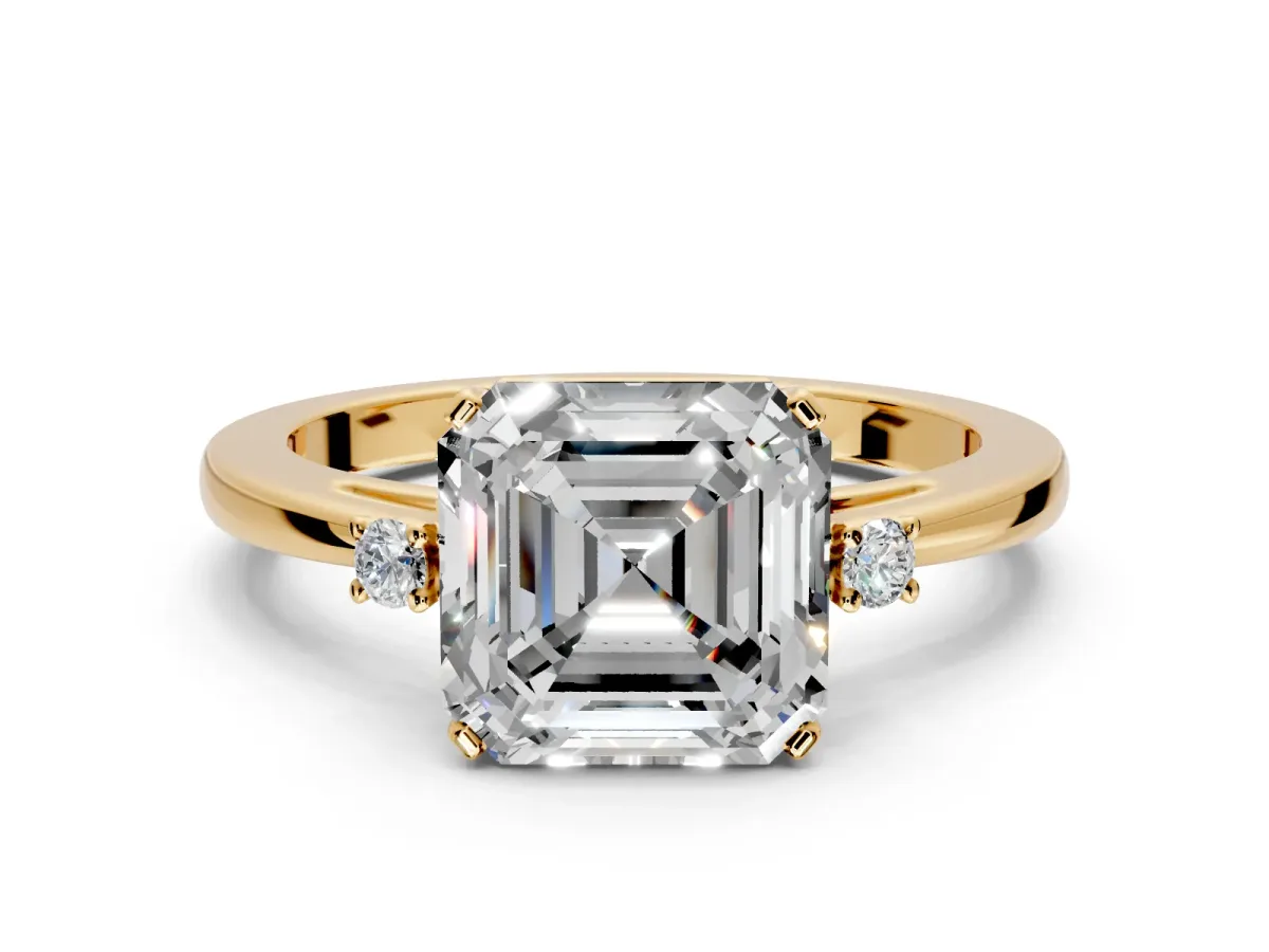 3 Stone Engagement Ring Setting for Asscher Cut Center with Low-Set Round Cut Accents and Prong Head in Yellow Gold