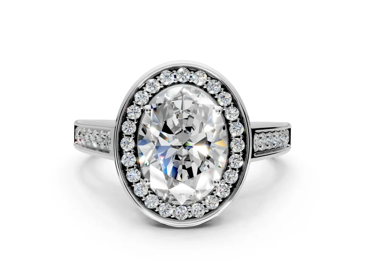 Halo Engagement Ring Setting for Oval Center with Outer Bezel Rim, Pave Band and Prong Head in Platinum