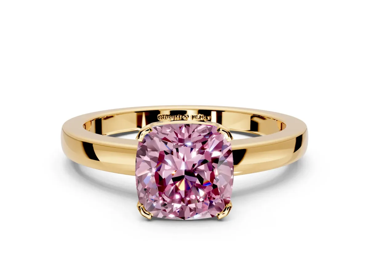 Solitaire Engagement Ring Setting for Fancy Pink Cushion Cut Center with Plain Band and Flat Tab Prong Head in Yellow Gold