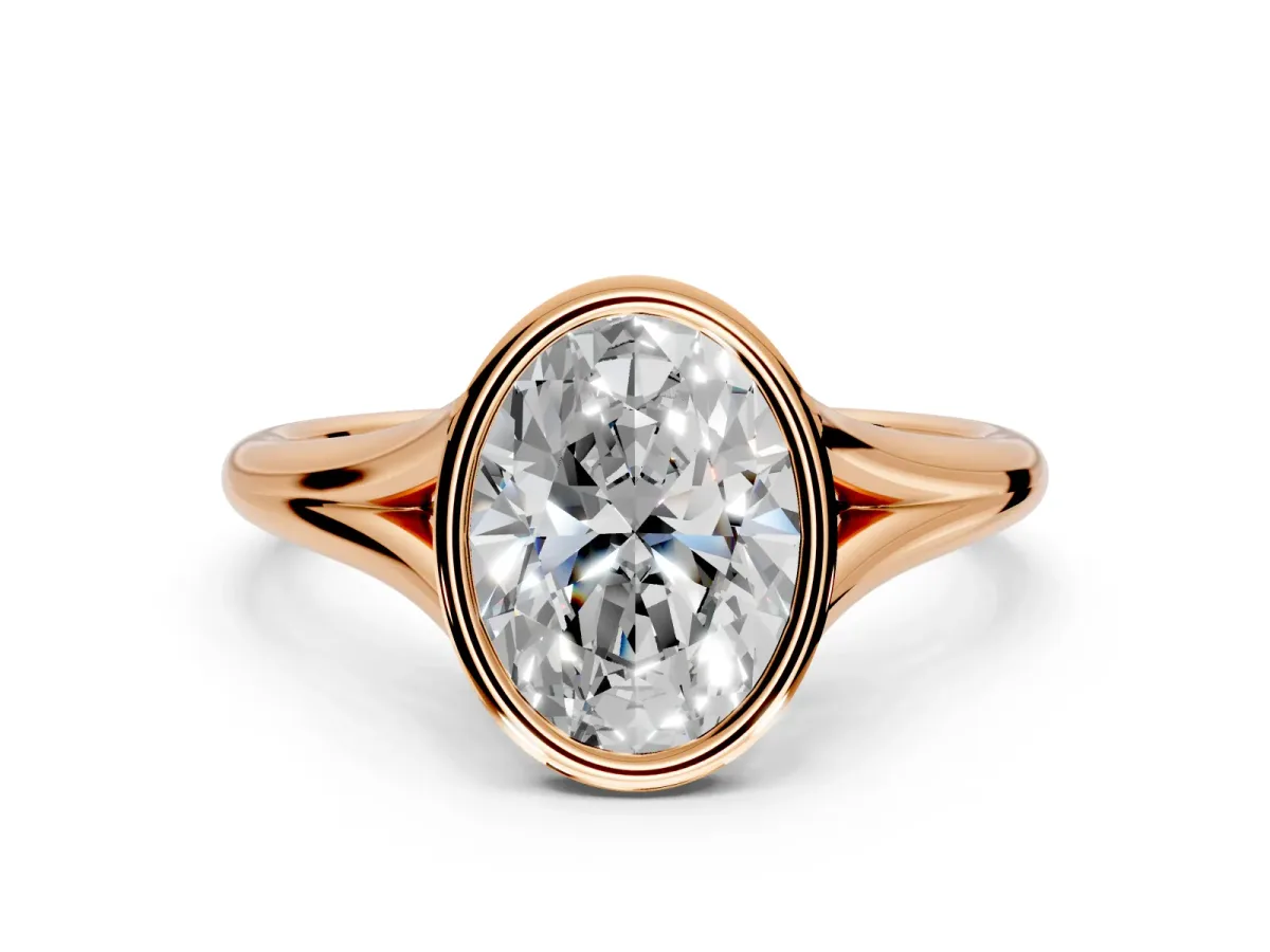 Solitaire Engagement Ring Setting for Oval Center with V Split Shank and Bezel Head in Rose Gold