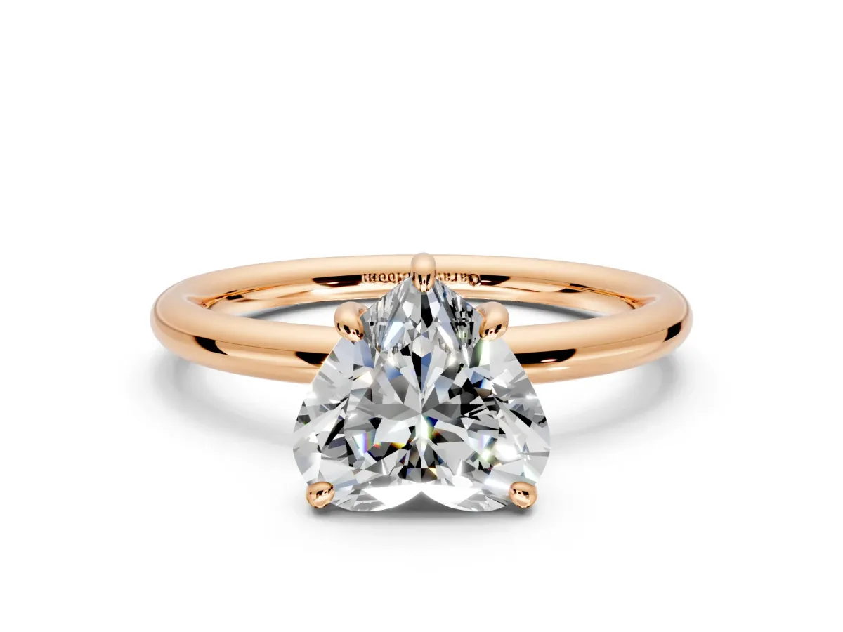 Low-Set Solitaire Engagement Ring Setting for Heart-Shaped Center with Thin Plain Band and Prong Head in Rose Gold