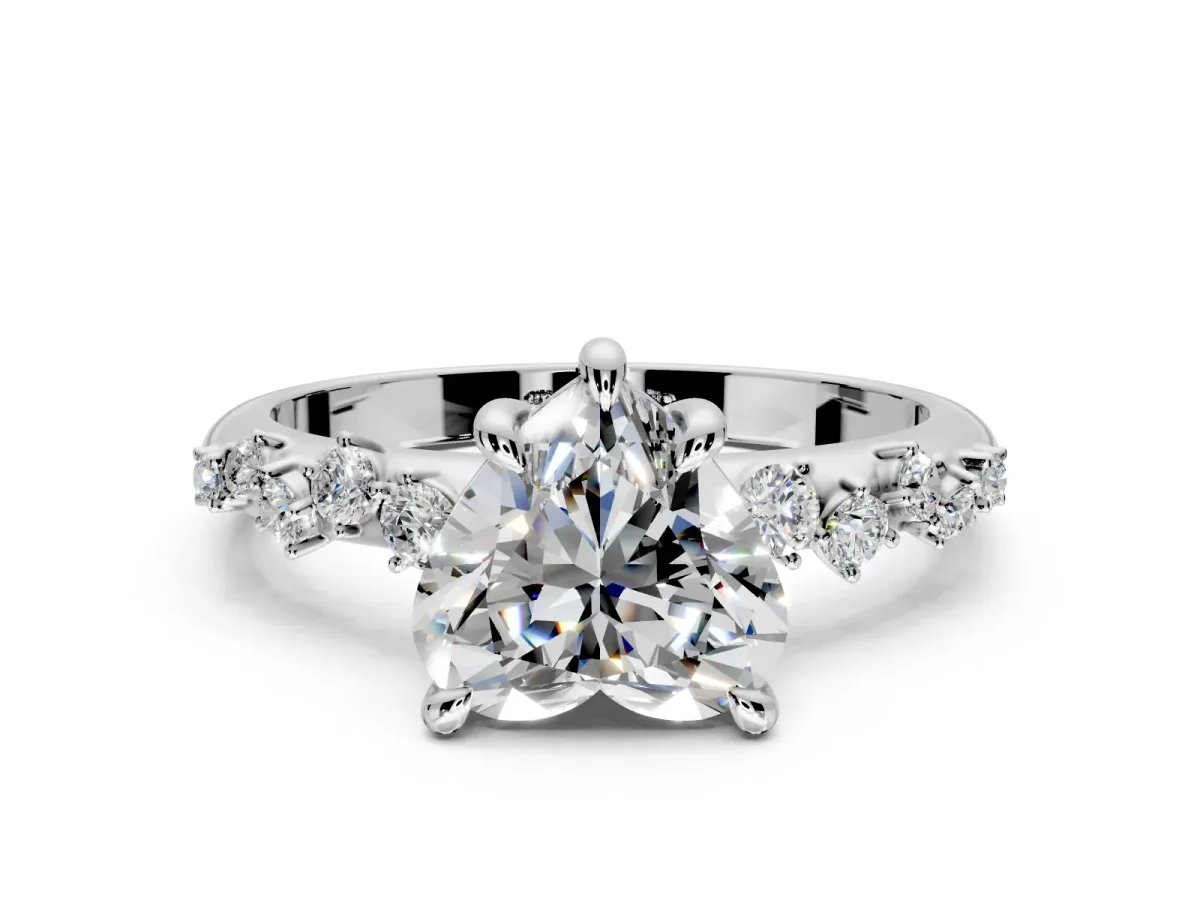 Solitaire Engagement Ring Setting for Heart-Shaped Center with Trailing Leaf Accent Band and Prong Head in White Gold