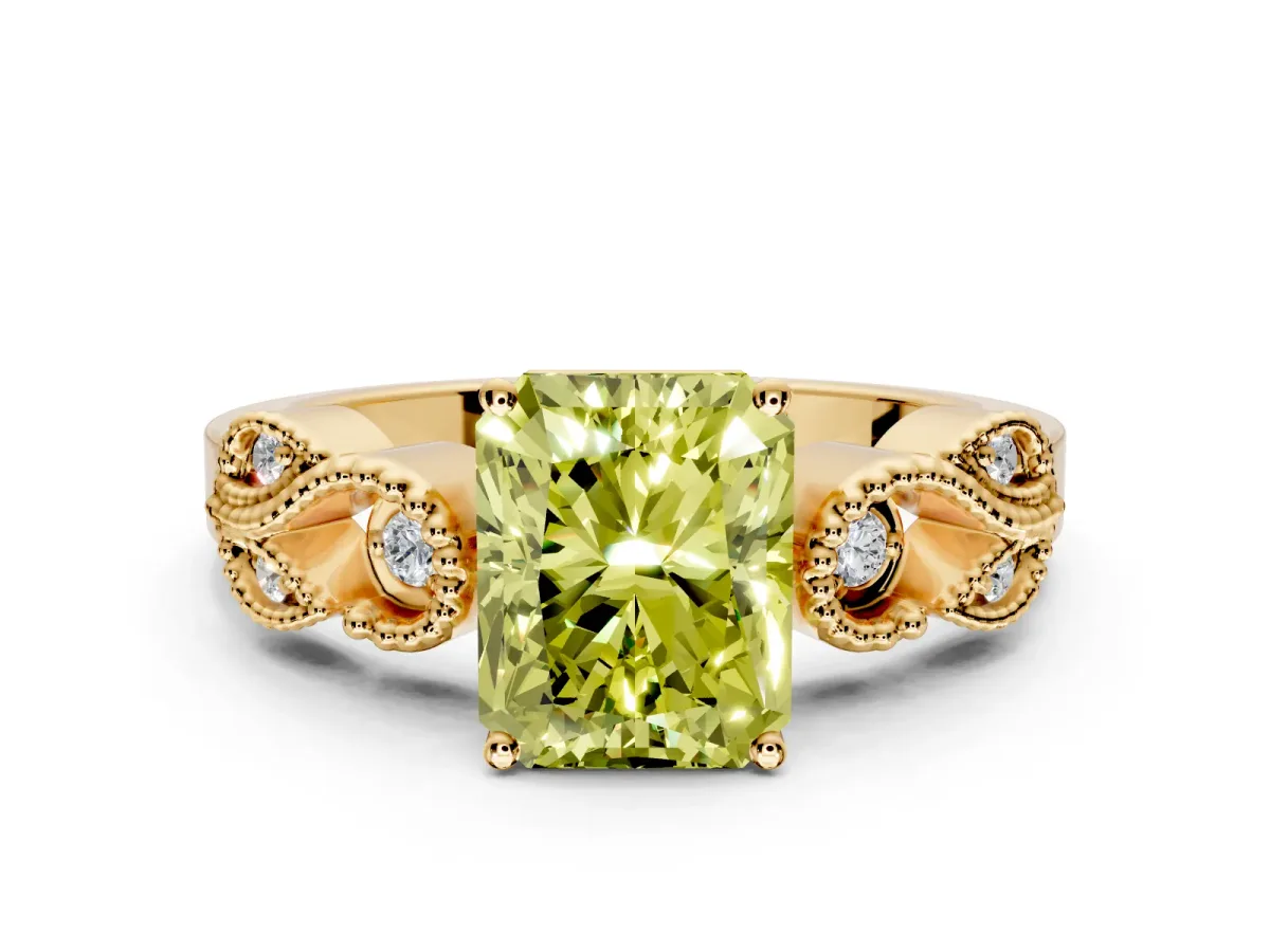 Leaf Engagement Ring Setting for Fancy Yellow Radiant Cut Center with Milgrain Accent Band and Prong Head in Yellow Gold