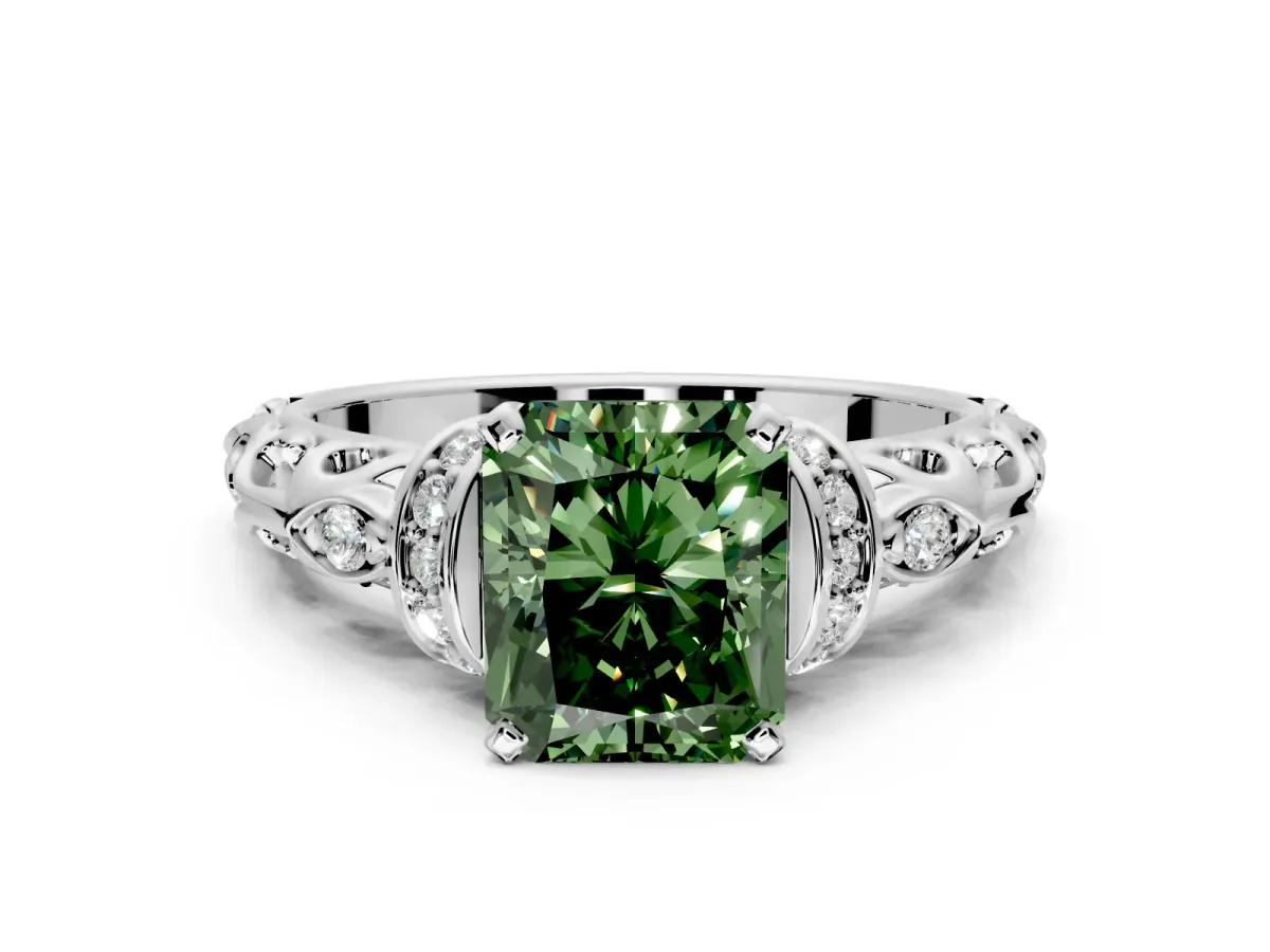 Solitaire Engagement Ring Setting for Fancy Green Radiant Cut Center with Filigree Band and Prong Head in Platinum