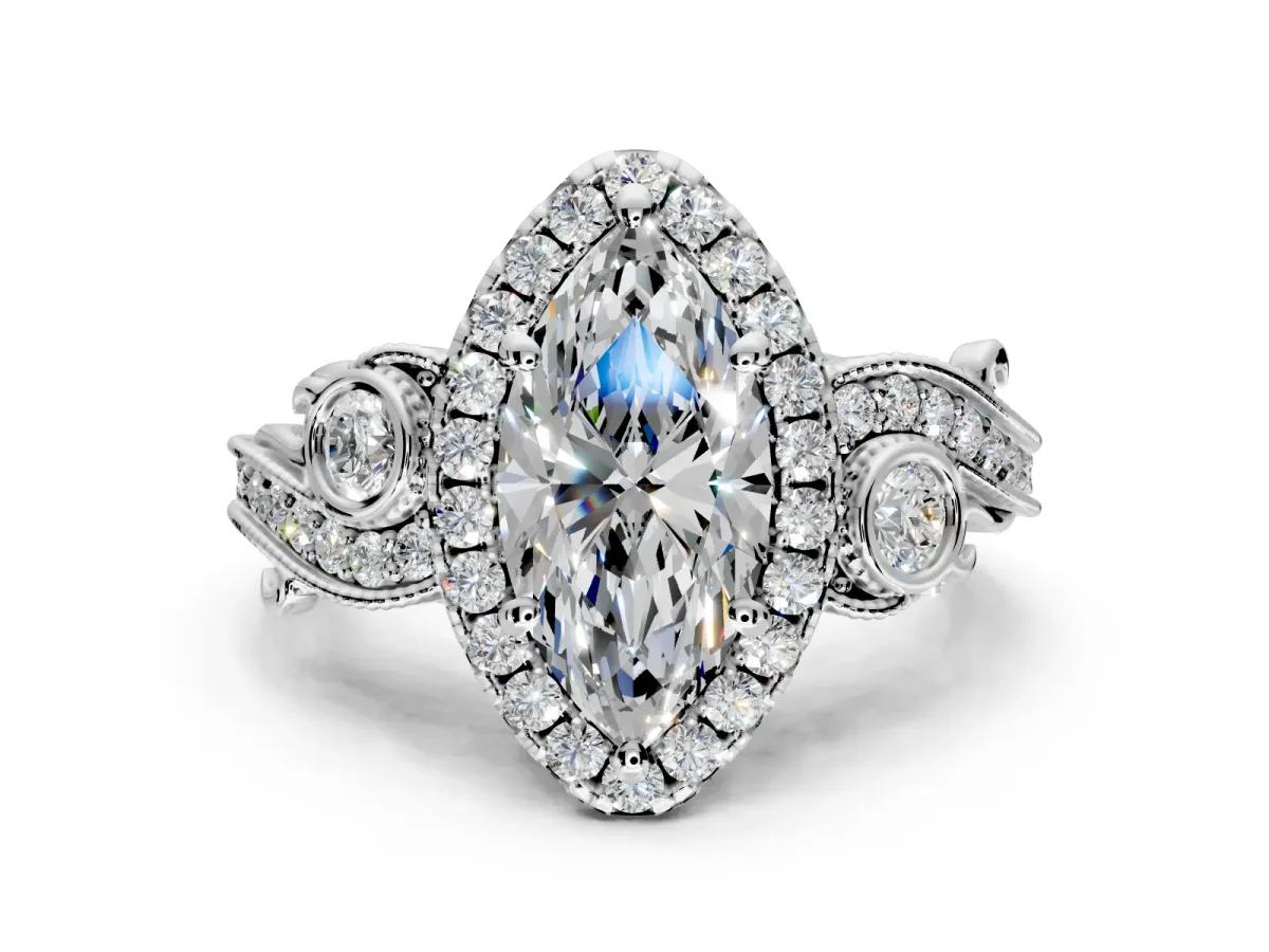 Milgrain Halo Engagement Ring Setting for Marquise Center with Shoulder Bezels and Prong Head in Sterling Silver