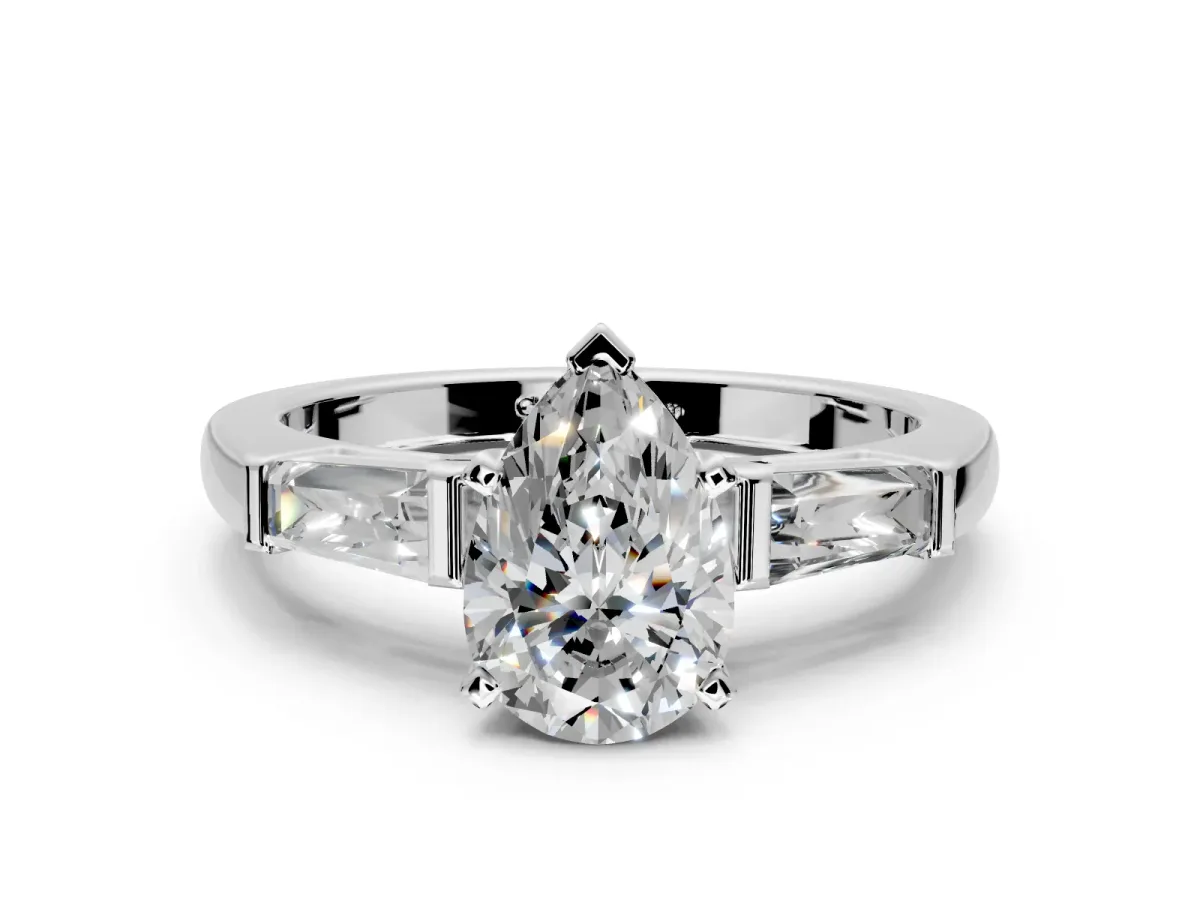 3 Stone Engagement Ring Setting for Pear-Shaped Center with Tapered Baguettes, Plain Band and Prong Head in Sterling Silver