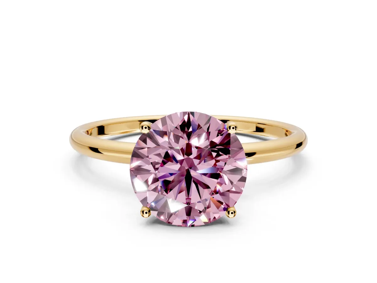 Solitaire Engagement Ring Setting for Fancy Pink Round Cut Center with Straight Thin Band and Prong Head in Yellow Gold