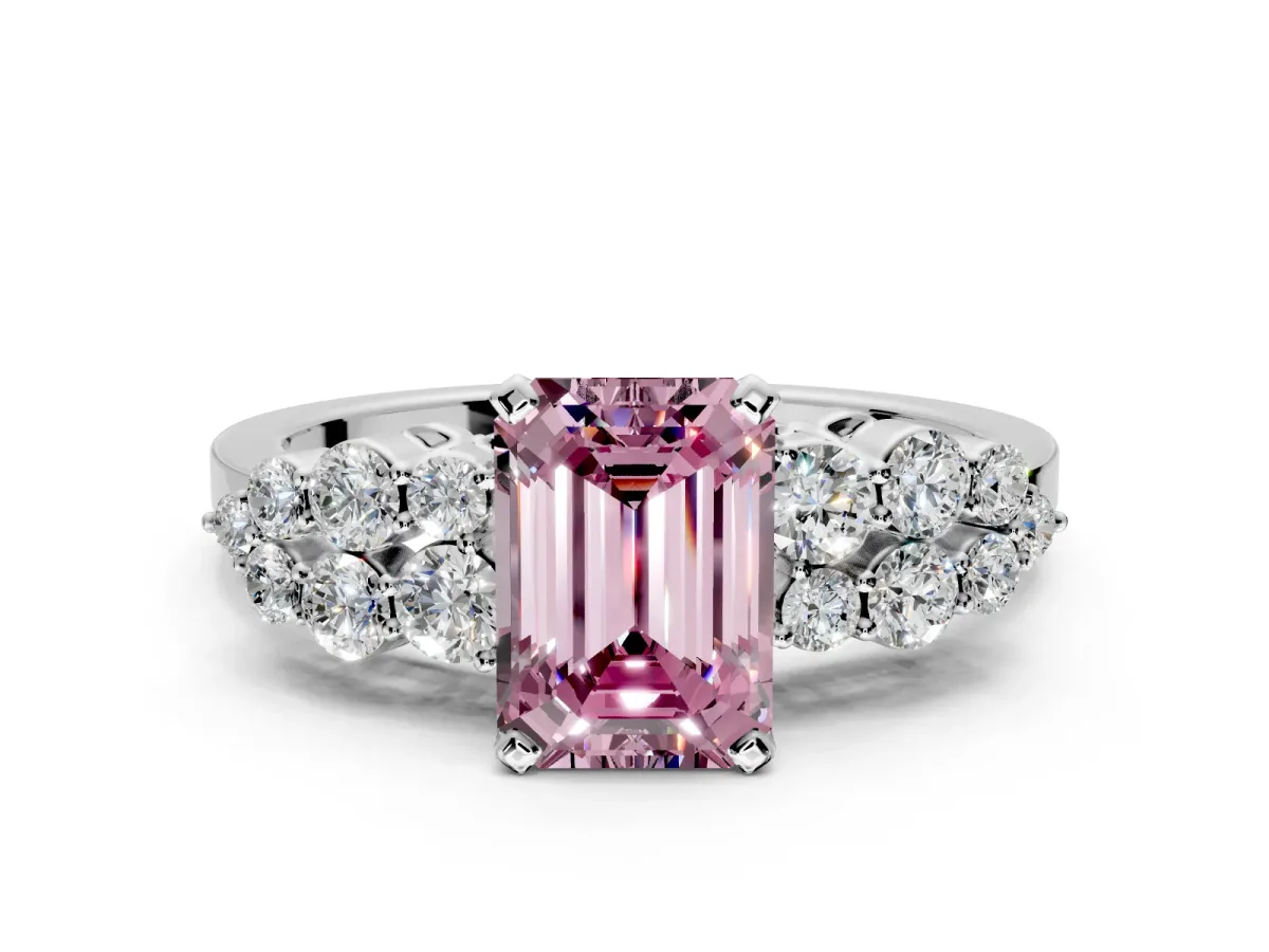 Cluster Engagement Ring Setting for Fancy Pink Emerald Cut Center with 2-Row Shoulder Clusters and Prong Head in White Gold