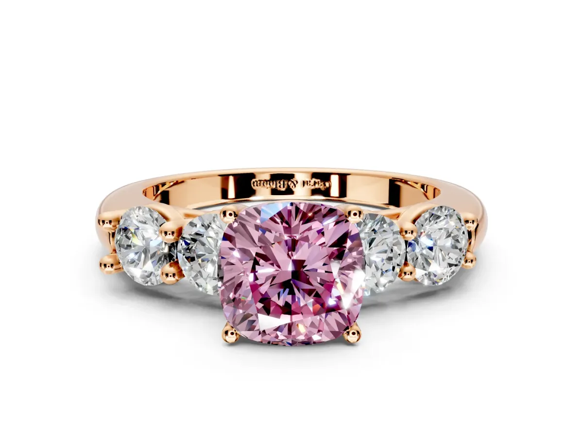 5 Stone Engagement Ring Setting for Fancy Pink Cushion Cut Center with Graduated Accents and Prong Head in Rose Gold