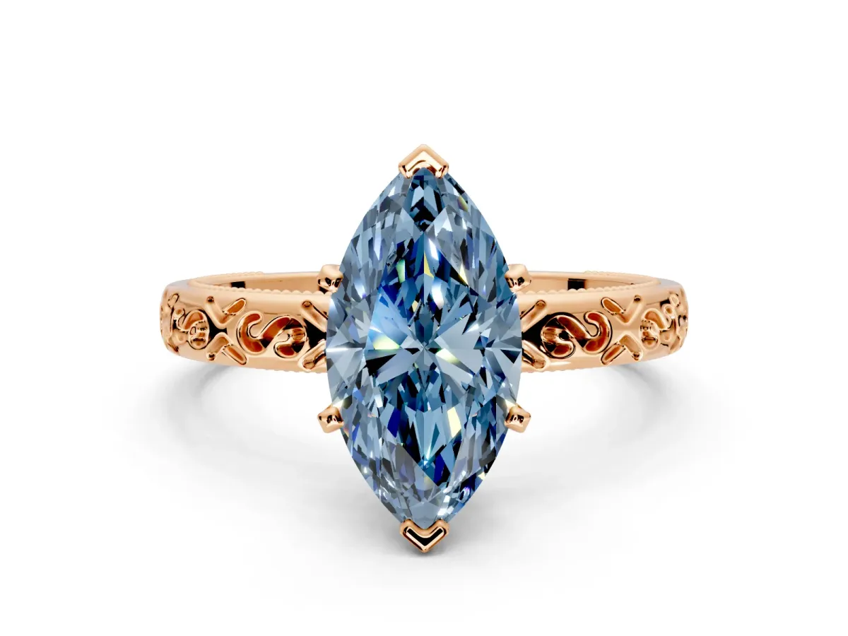 Solitaire Engagement Ring Setting for Fancy Blue Marquise Center with Scrollwork Band and Prong Head in Rose Gold