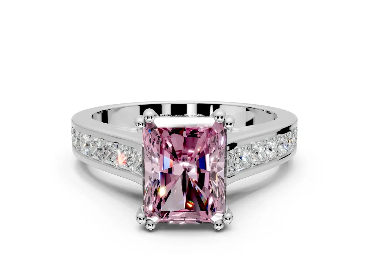 Solitaire Engagement Ring Setting for Fancy Pink Radiant Cut Center with Channel Band and Double Claw Prong Head in White Gold