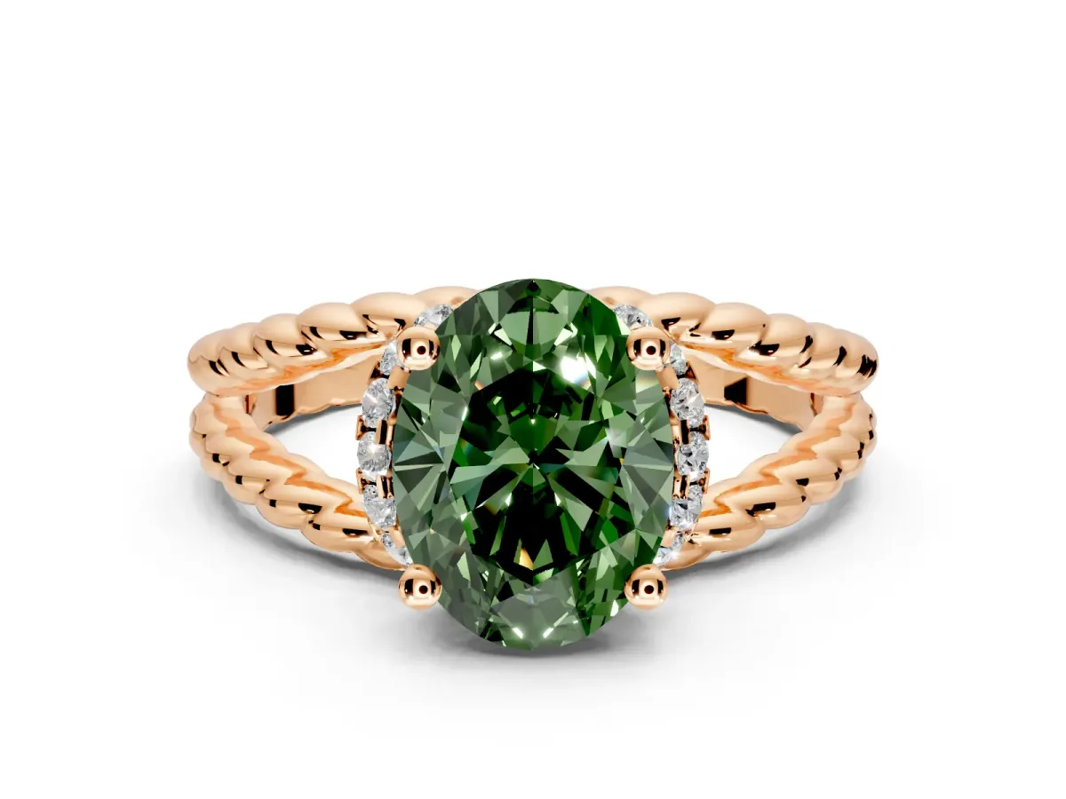 Halo Engagement Ring Setting for Fancy Green Oval Center with Rope Twist Split Shank and Prong Head in Rose Gold