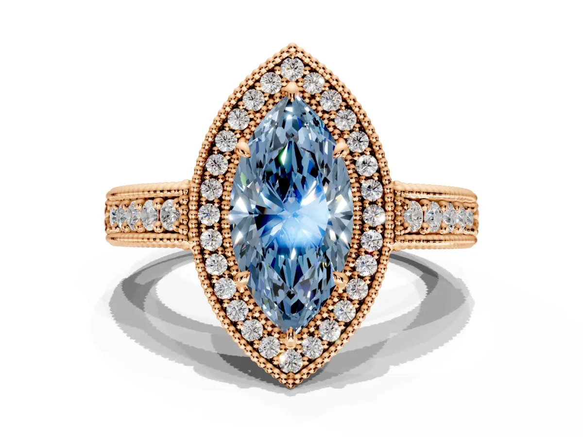 Milgrain Halo Engagement Ring Setting for Fancy Blue Marquise Center with Pave Band and Prong Head in Rose Gold