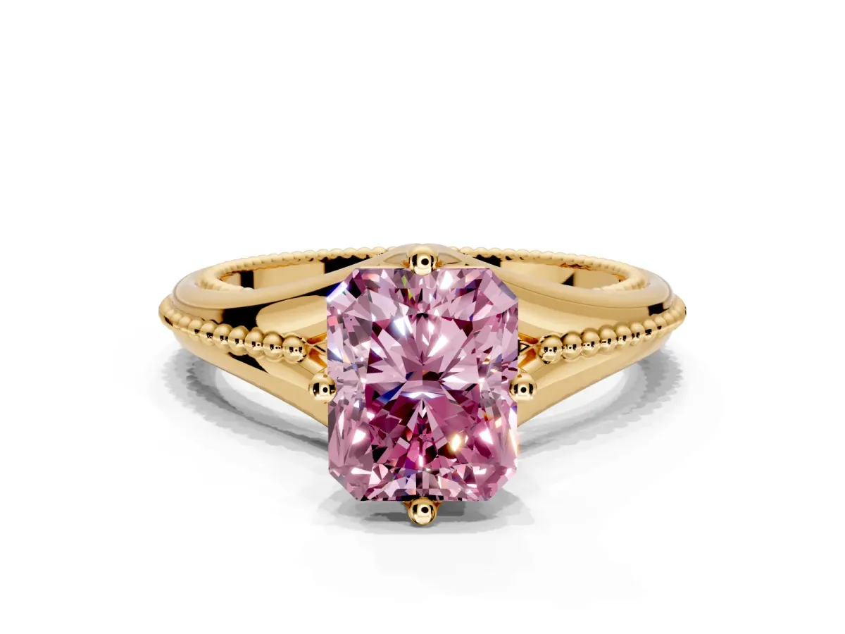Solitaire Engagement Ring Setting for Fancy Pink Radiant Cut Center with Milgrain Cathedral Band and Prong Head in Yellow Gold