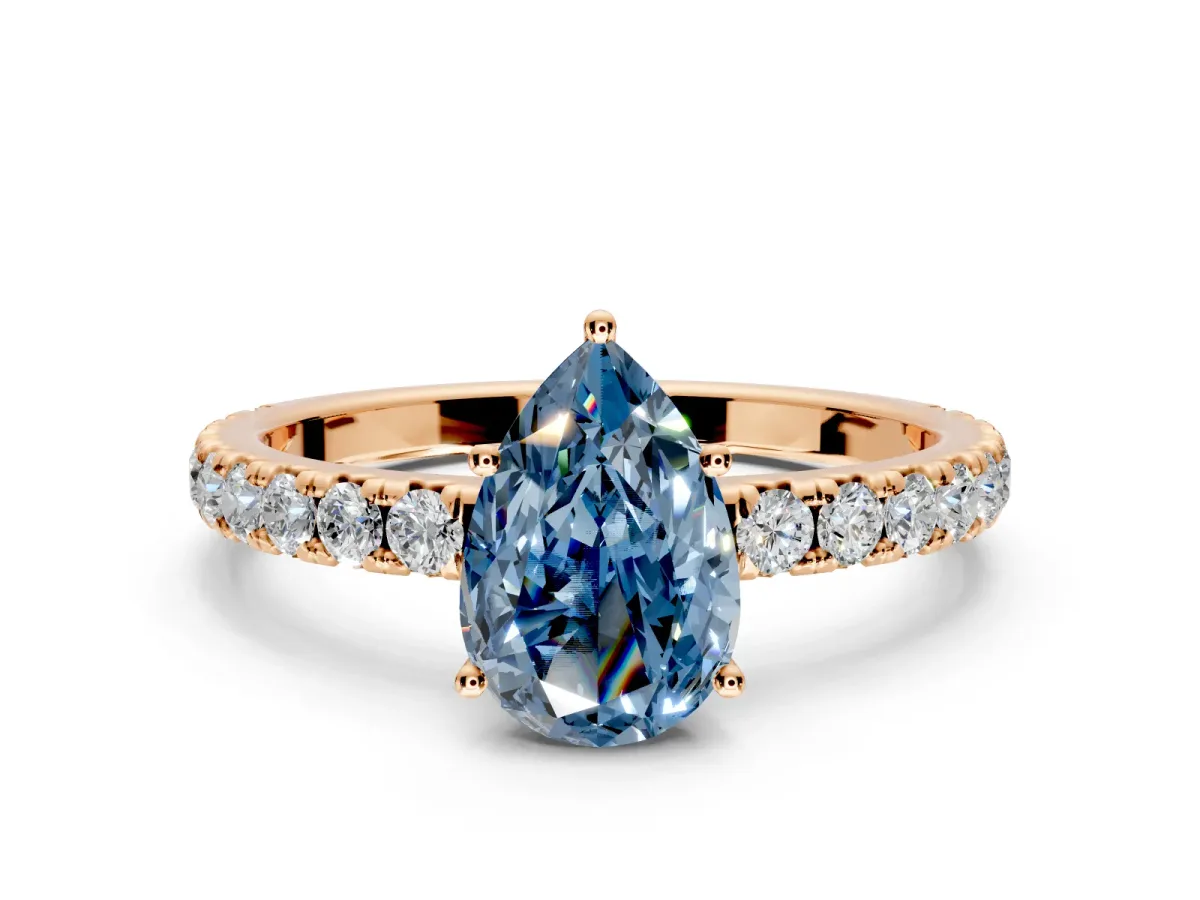 Solitaire Engagement Ring Setting for Fancy Blue Pear-Shaped Center with Large Accent Band and Prong Head in Rose Gold