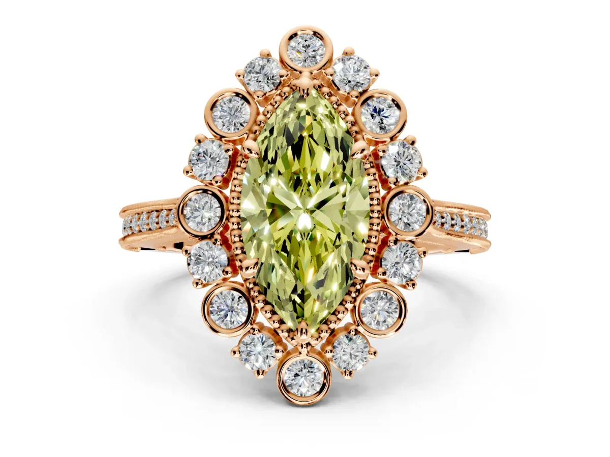 Milgrain Halo Engagement Ring Setting for Fancy Yellow Marquise Center with Bezel Point Accents and Prong Head in Rose Gold