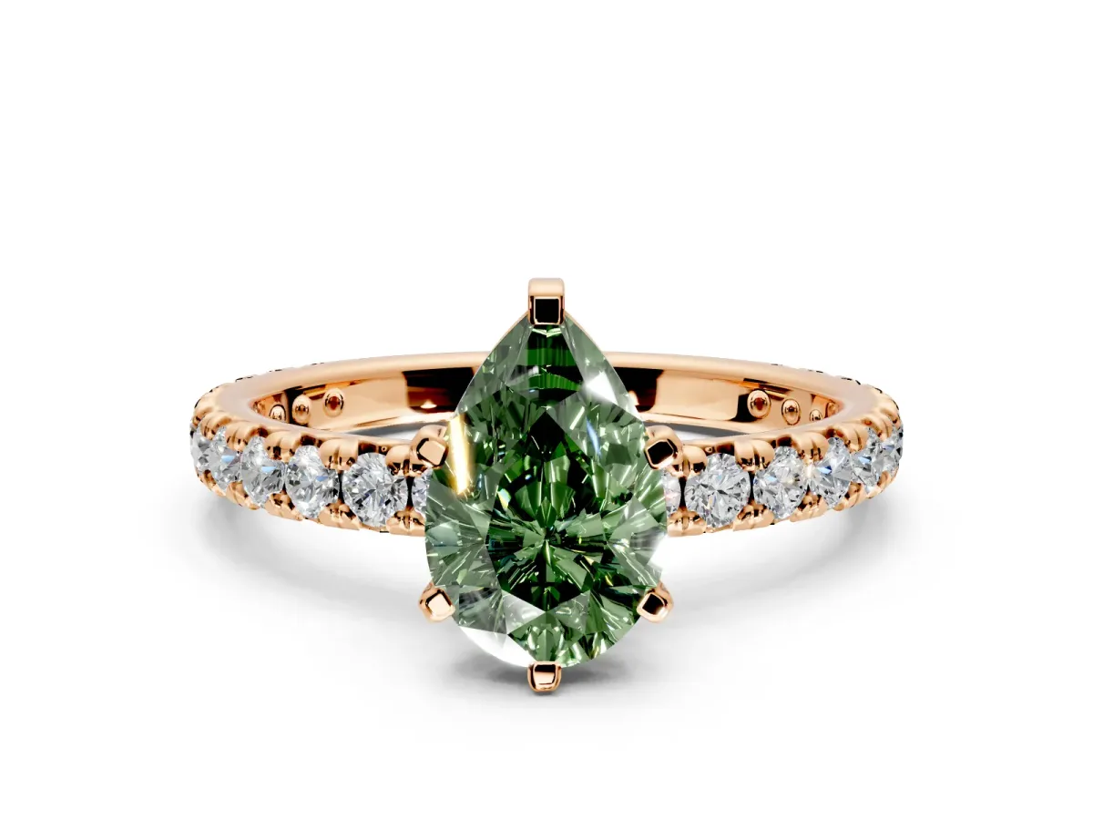 Solitaire Engagement Ring Setting for Fancy Green Pear-Shaped Center with Shared-Prong Accents and Prong Head in Rose Gold