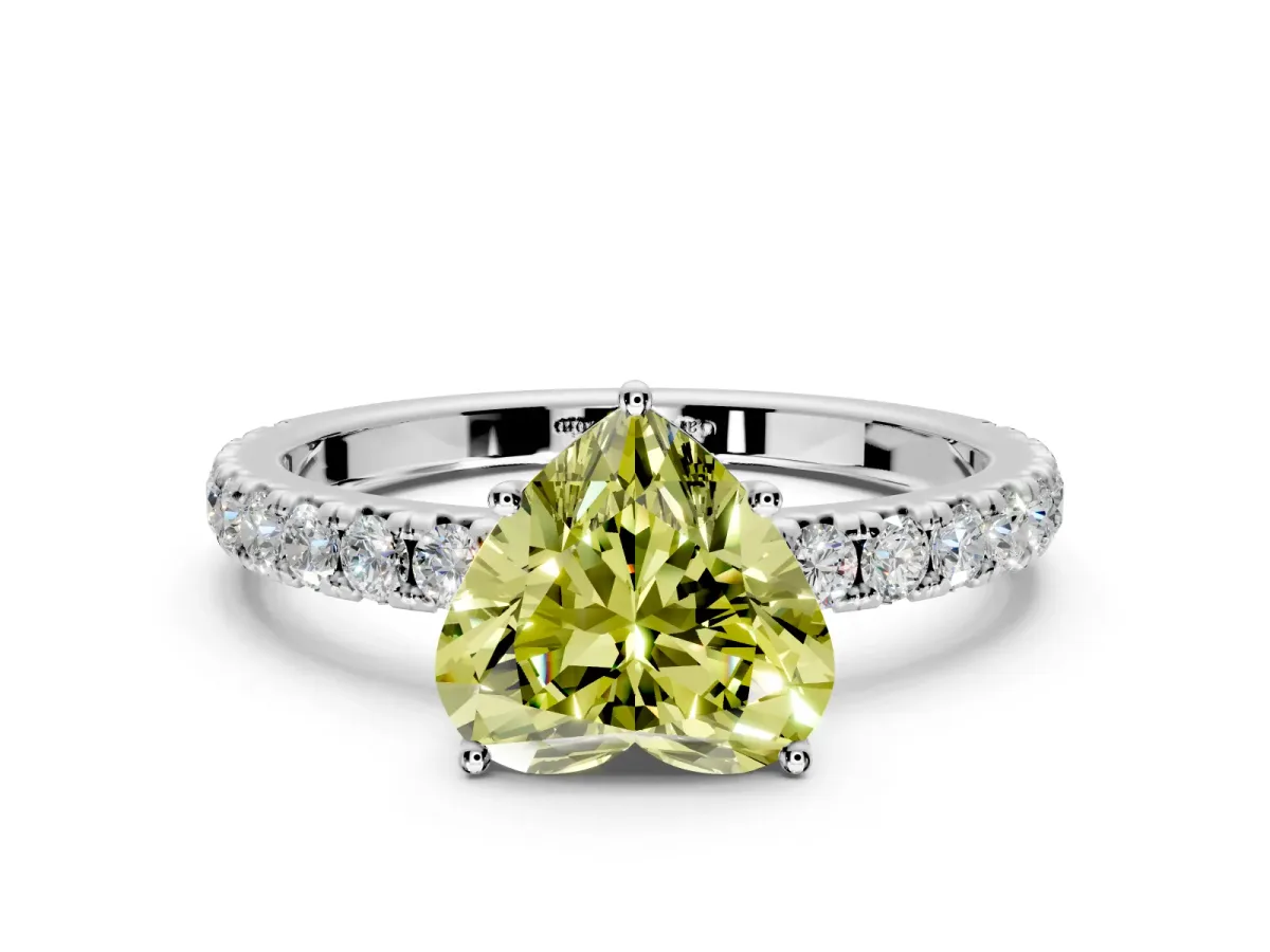Solitaire Engagement Ring Setting for Fancy Yellow Heart-Shaped Center with Large Accent Band and Prong Head in Platinum