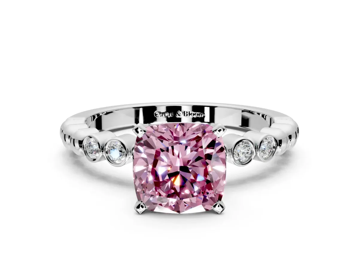 Solitaire Engagement Ring Setting for Fancy Pink Cushion Cut Center with Bezel-Dot Beaded Band and Prong Head in Sterling Silver