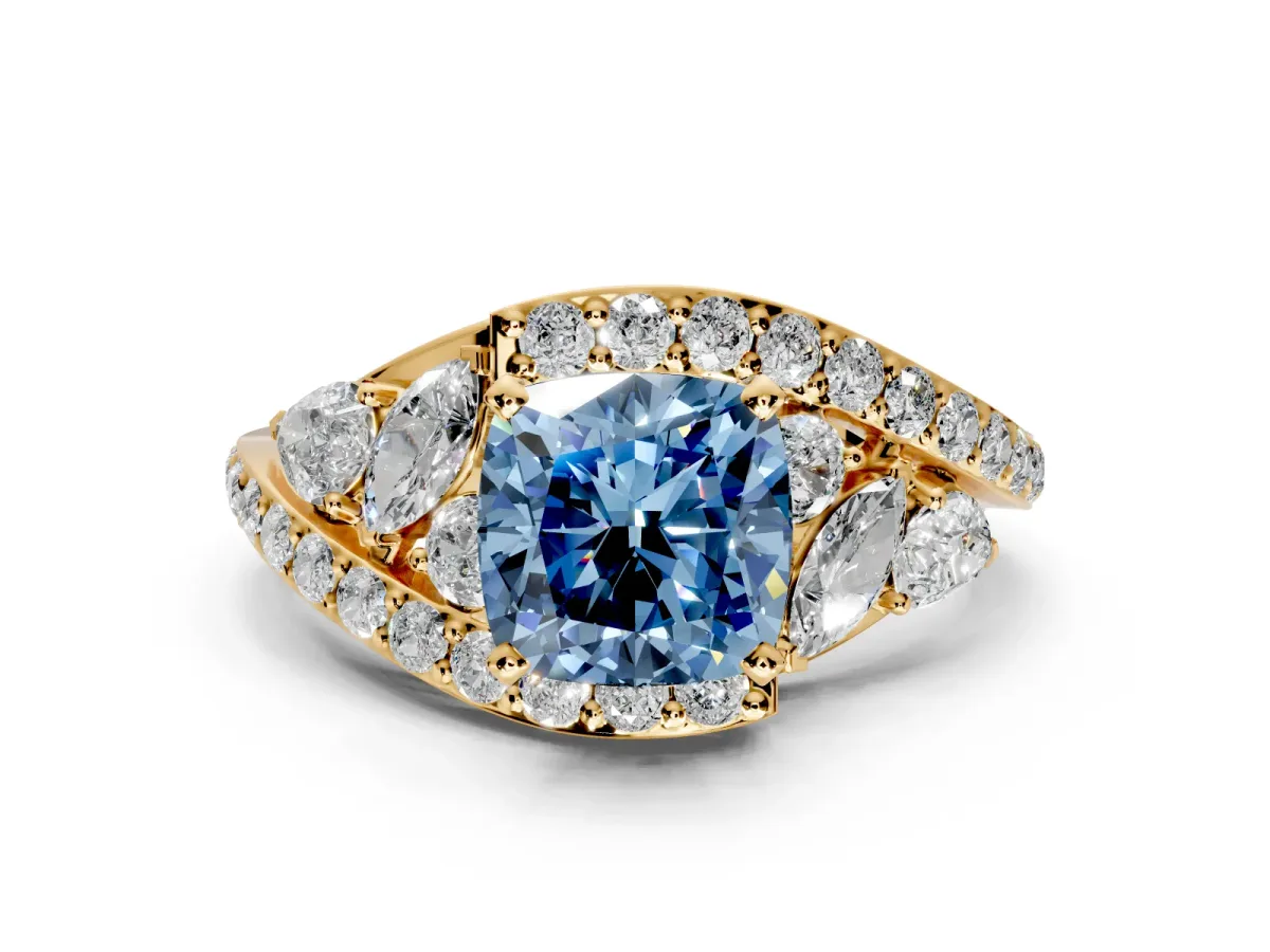 Halo Engagement Ring Setting for Fancy Blue Cushion Cut Center with Marquise and Pave Bypass Band and Prong Head in Yellow Gold