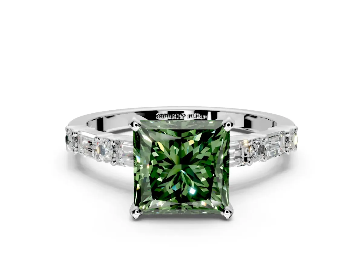 Baguette Engagement Ring Setting for Fancy Green Princess Cut Center with Alternating Bar-Set Band and Prong Head in Sterling Silver