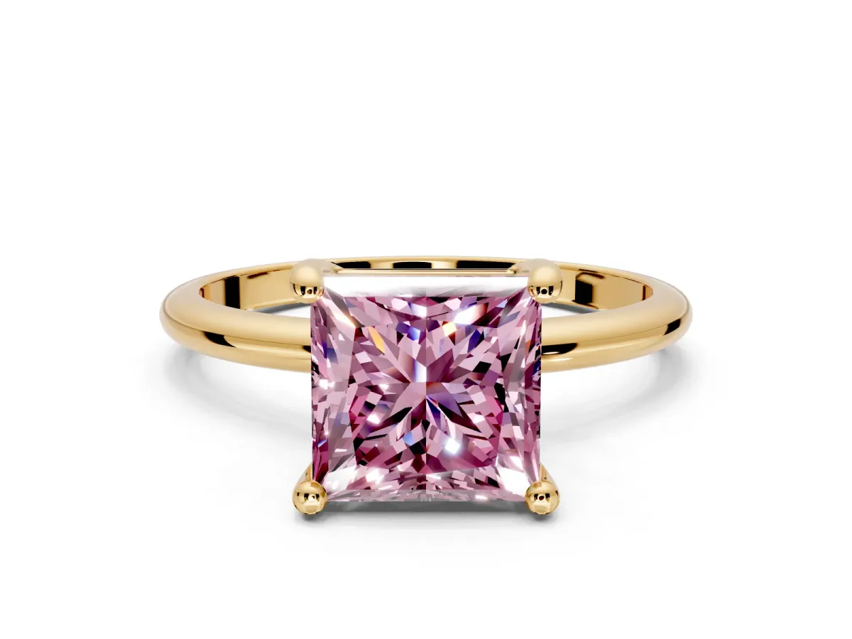 Minimalist Solitaire Engagement Ring Setting for Fancy Pink Princess Cut Center with Thin Band and Prong Head in Yellow Gold