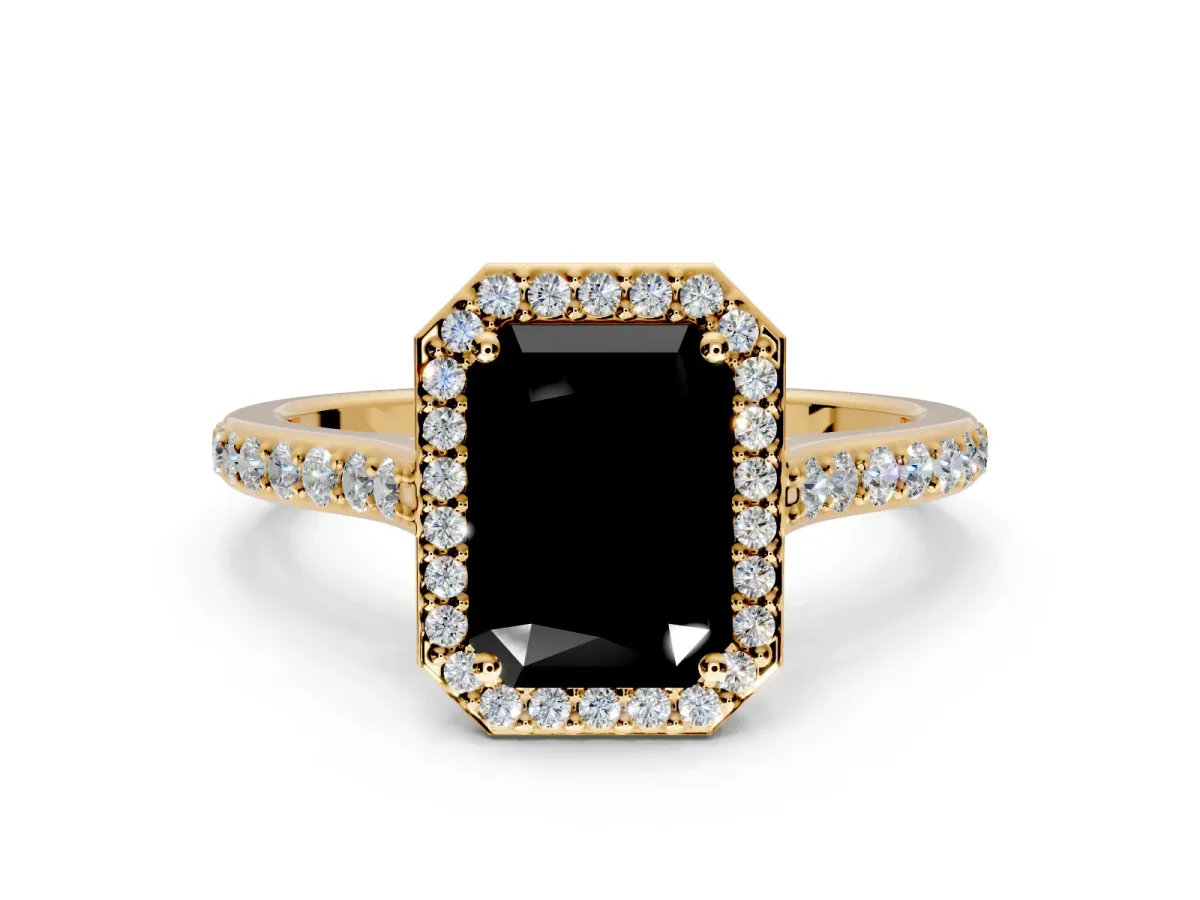 Halo Engagement Ring Setting for Fancy Black Radiant Cut Center with Pave Accents, Heart Basket and Prong Head in Yellow Gold