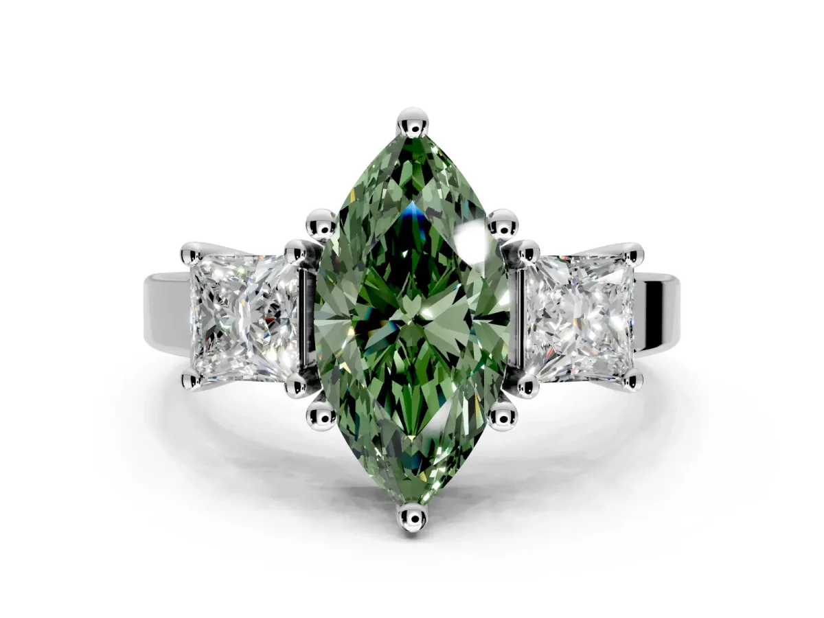 3 Stone Engagement Ring Setting for Fancy Green Marquise Center with Matching Side Accents and Prong Head in Platinum